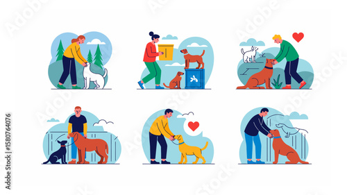 Diverse people show affection and care for dogs in various settings vector illustration