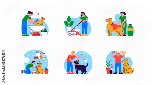 Diverse scenes of pet care and home maintenance featuring people grooming dogs, sweeping, and pet parenting showcasing everyday life