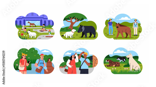 Diverse wildlife encounters and human interactions in a vector illustration series depicting zoo and park scenes