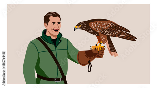 Falconry enthusiast displays a majestic hawk on gloved hand in outdoor setting, capturing the ancient sport and connection between human and bird of prey