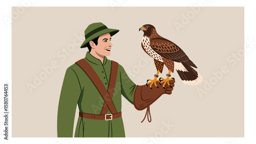 Falconry illustration featuring a man in traditional attire holding a bird of prey on his gloved hand in a classic pose