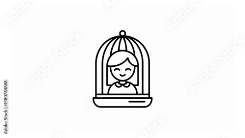 Line art illustration of a smiling person inside a birdcage representing feelings of confinement and restriction of freedom