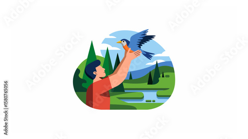 Man releasing a bluebird into the wild in a vibrant nature scene with trees and a stream, symbolizing freedom and conservation