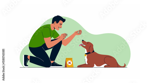 Man training his dog with treats in a playful interaction, showing care and positive reinforcement in a light green environment