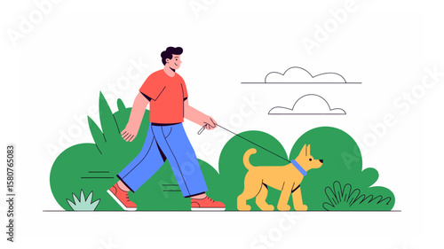 Man walking a dog in the park on a sunny day enjoying nature and companionship in a peaceful outdoor scene