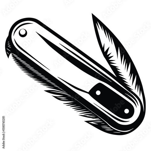Black and white open pocket knife illustration blade