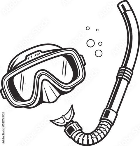 Black isolated vector illustration of a diving mask and snorkel with an electrical wire and plug, depicting essential scuba diving equipment