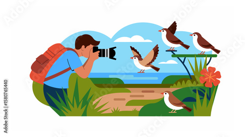 Photographer capturing birds in nature scenery with open wings and perched sparrows on a sunny day