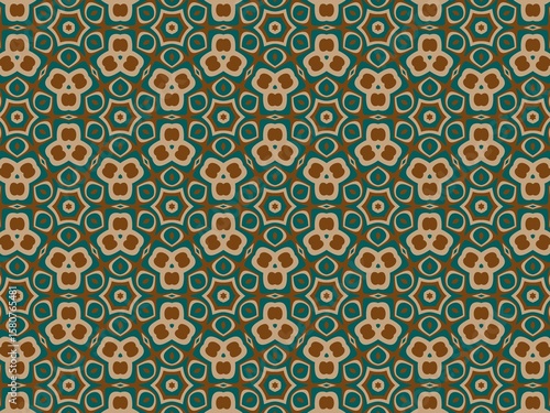 Seamless geometric pattern with brown and teal shapes, perfect for textile prints, wallpaper, and modern design projects.
