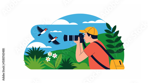 Photographer capturing birds in nature with professional camera and lens amidst lush greenery and blue sky vector illustration