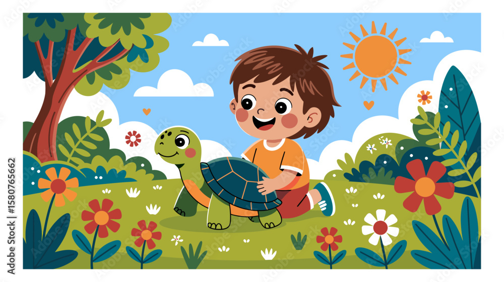 Naklejka premium Smiling boy with brown hair rides a friendly turtle through a vibrant meadow filled with flowers and lush greenery under a sunny sky