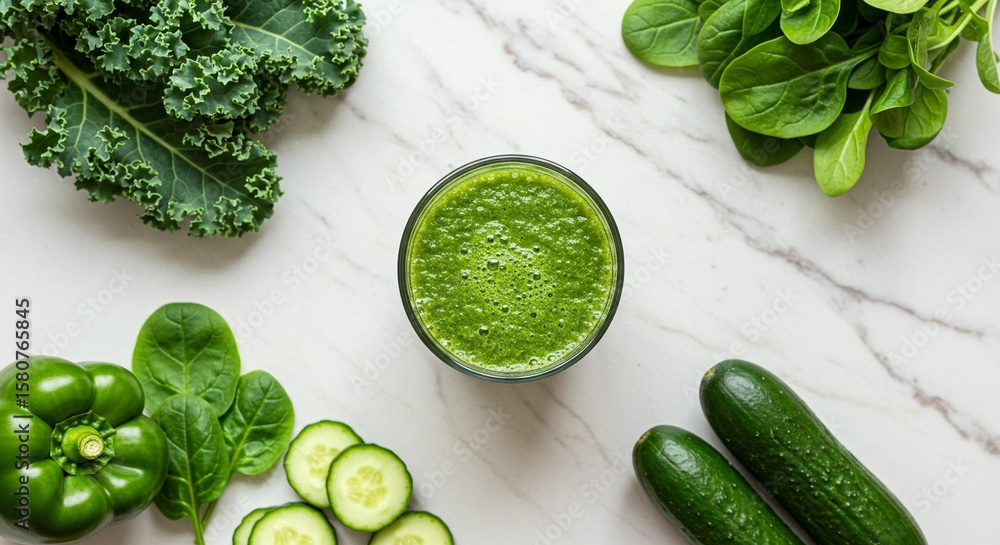 Obraz premium Vibrant green smoothie surrounded by kale, spinach, cucumbers, and bell pepper, conveying health and wellness through fresh produce.