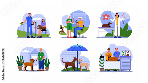 Veterinary care scenarios showcasing pet health checkups and grooming with animals and their owners in different situations