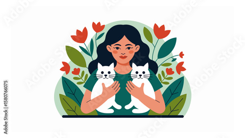 Woman holding two white cats surrounded by flowers and leaves in a colorful flat vector illustration portraying nature and companionship