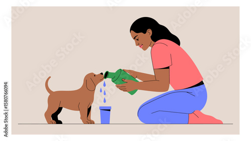 Woman kneeling down and pouring water from green bottle for a thirsty puppy to drink from a blue cup