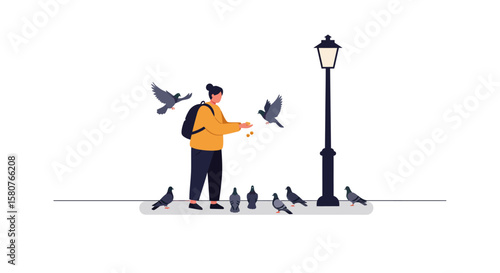 Woman with backpack feeding pigeons in urban environment near street light post, creating a harmonious scene of human-animal interaction and simple city life