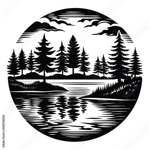 Black silhouette of evergreen forest and lake black and white