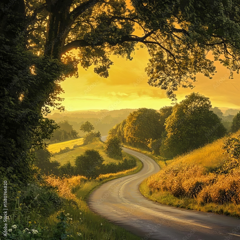 Fototapeta premium Peaceful Countryside Road A quiet winding road through a gentle countryside at golden hour serene and evocative