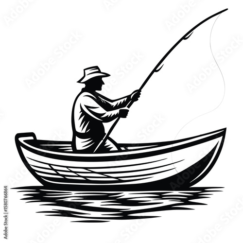 Fisherman casting rod from boat on water fishing