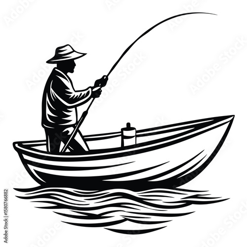 Fisherman casting rod from boat on water fishing