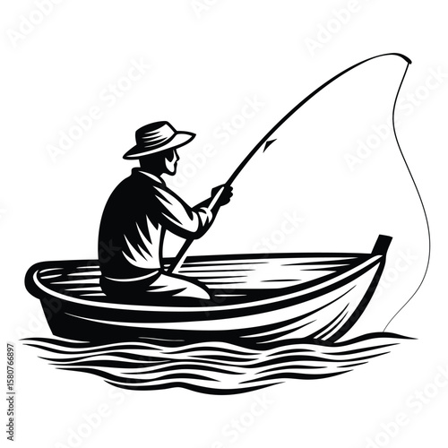 Fisherman casting rod from boat on water fishing