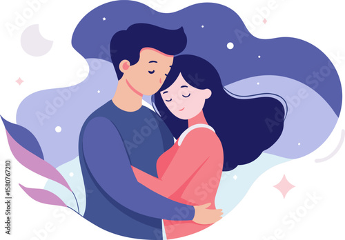 Romantic Couple Hugging Under Night Sky – Flat Vector Illustration