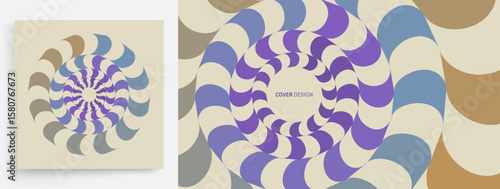 Striped circular figure. Emblems or geometric shapes. 3D wavy pattern with optical illusion. Abstract striped background. Cover design template. Vector for brochure, presentation, flyer or banner.