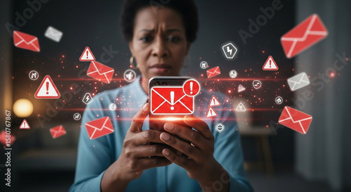 Woman overwhelmed by digital notifications and alerts on her phone