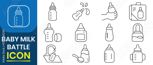 Baby milk bottle icon vector set. Baby feeding bottle set. Food for newborn baby. Add powder, cooking kids meal.  Newborn nipple symbol. Vector illustration.