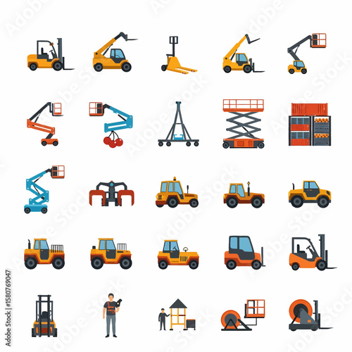 Collection of warehouse and industrial equipment icons, including forklifts, aerial lifts, and other material handling tools.