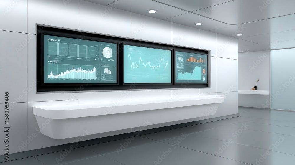 Data Analysis, Financial Dashboard, Modern Office Interior. Business intelligence, big data visualization on multiple screens in a sleek office setting. Data Analysis, Financial Dashboard, Modern Office Interior. Business intelligence, big data visualization on multiple screens in a sleek office setting.