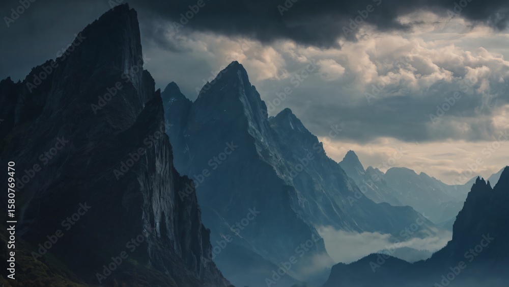 Fototapeta premium A striking photograph reveals imposing mountain spires shrouded in atmospheric mist and dark clouds