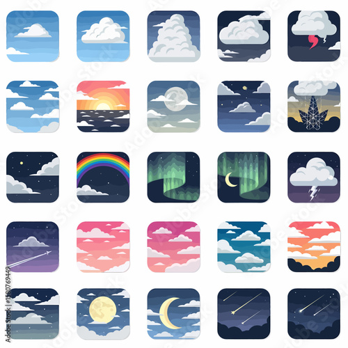 A collection of stylized weather icons depicting various atmospheric conditions and celestial events.