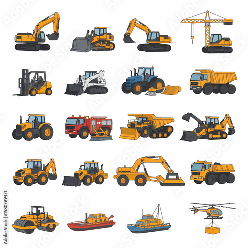 Collection of construction and transport vehicles including excavators, bulldozers, trucks, boats, and a helicopter.