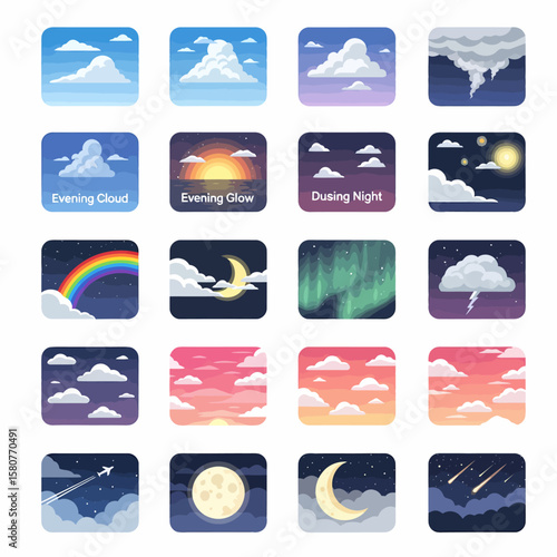 A collection of diverse sky and weather icons, depicting various atmospheric conditions, from sunny days to stormy nights.