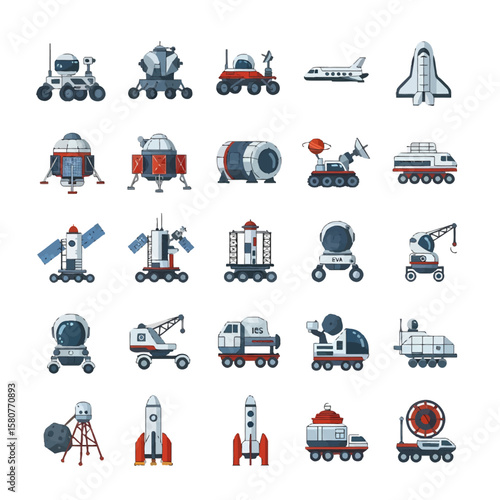 Collection of various space vehicles and equipment, including rovers, shuttles, and rockets.