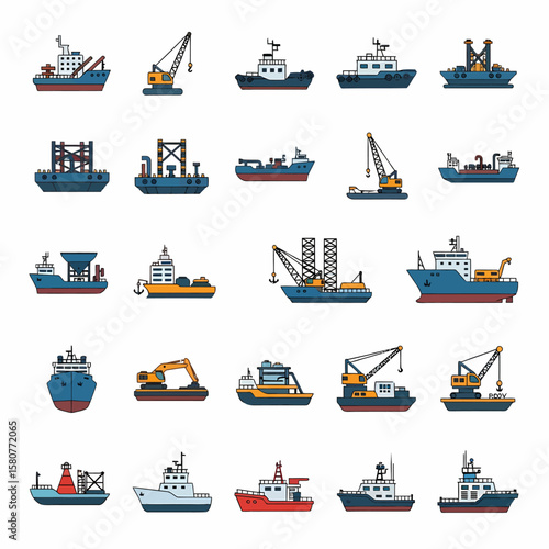 Collection of various stylized illustrations of different types of ships and vessels.