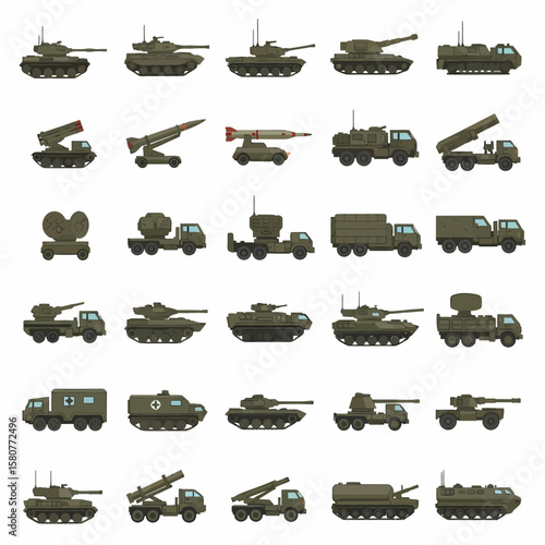 A collection of various military vehicles, tanks, and missile launchers, presented in a grid.