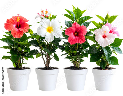 Wallpaper Mural 4 potted flowers blooming in white pots, one of the four is plumeria, the other three Torontodigital.ca