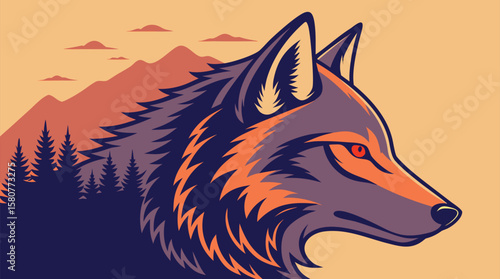 Double Exposure Wolf with Forest and Mountain Landscape – Surreal Nature Art
