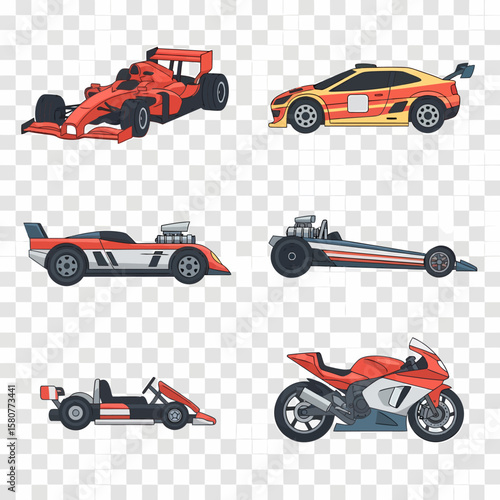 A collection of stylized racing vehicles, including Formula 1 car, sports car, dragster, go-kart, and superbike.