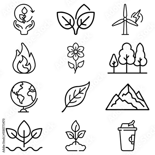 Collection of environmental and nature themed line icons including plants and renewable energy sources
