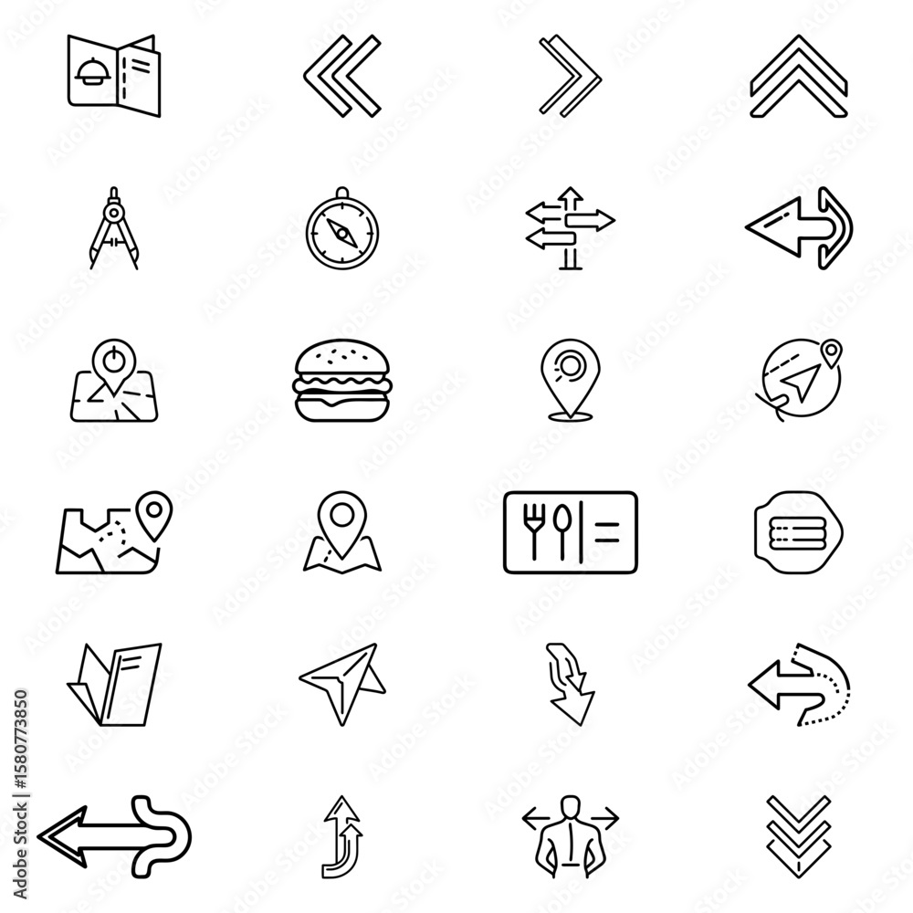 Fototapeta premium Illustration collection of various navigation, food, and direction icons in a simple outline style design