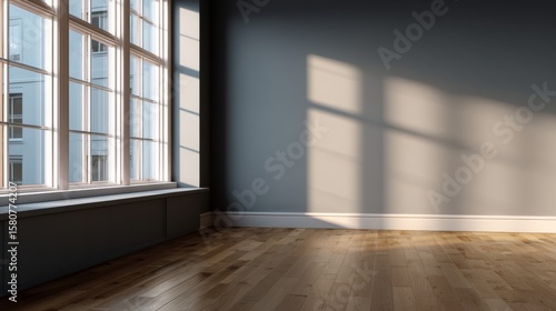 Wallpaper Mural Sunlight streams into a room with hardwood floors a large window and gray walls Torontodigital.ca