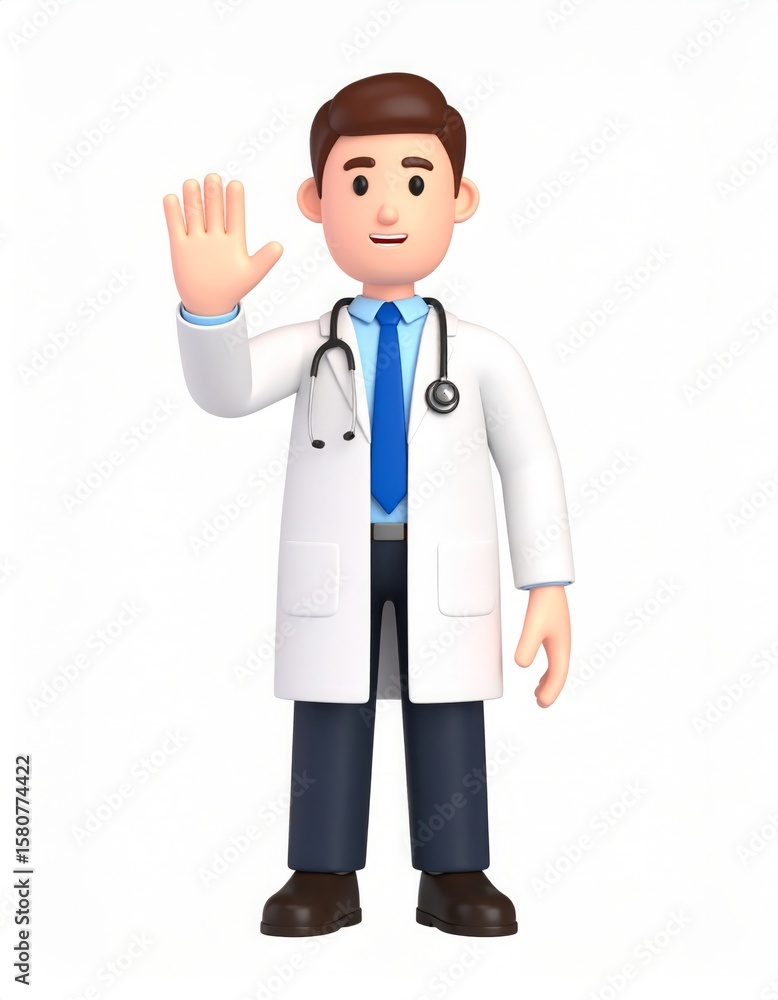 Cartoon doctor waving hello in a white coat with stethoscope illustration Cartoon doctor waving hello in a white coat with stethoscope illustration