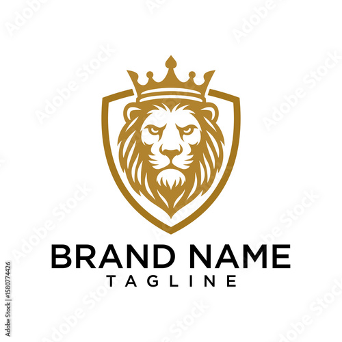 a golden crowned lion logo conveying prestige, royalty, and high authority through a symmetrical and luxurious design