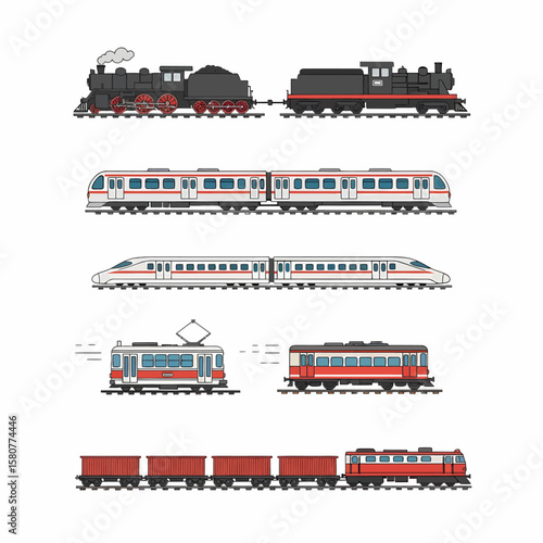 Various types of trains illustrated, showcasing different transportation methods.