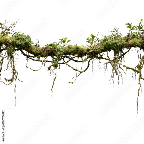 realistic old jungle vines with cracked bark and moss isolated on transparent background