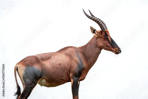 Magnificent topi antelope with prominent horns standing in the savanna