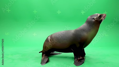 Sea Lion Standing Tall on Green Screen Background, Ready for Chroma Key Compositing